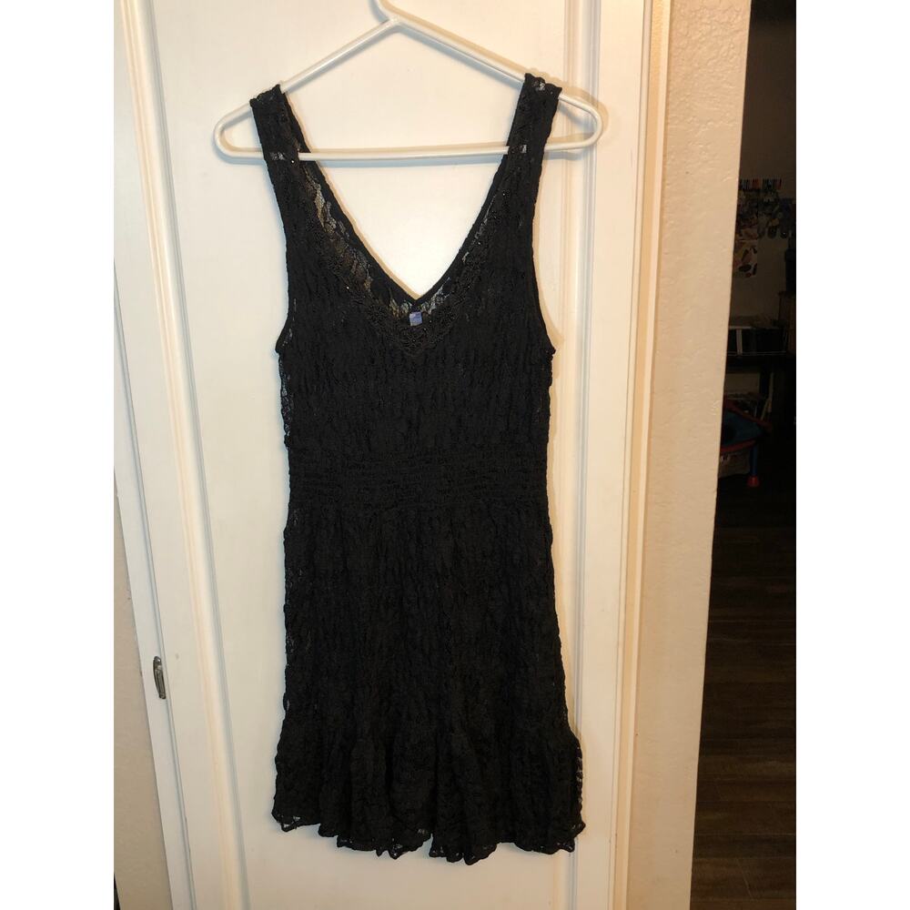 Free People sheer black floral lace mini dress with a beaded v-neck